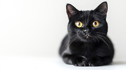 Poster - A black cat with yellow eyes is sitting on a white background The cats eyes are wide open giving it a curious and alert appearance : Generative AI
