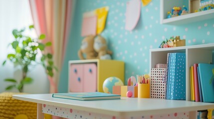 Poster - Working table in kids room Interior and design of modern bright and spacious childrens room for preteen child Child space with table shelf books and toys indoors at home in apartment : Generative AI