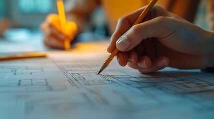 Poster - A closeup an architect a house designer holding a pencil pointing to a house plan to examine the design plan before discussing the details with the client Interior design and decoratio : Generative AI