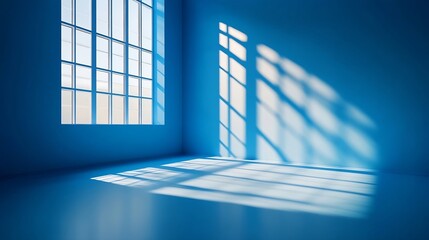 Poster - Abstract blue studio background for product presentation Empty room with shadows of window 3d room with copy space Blurred backdrop : Generative AI