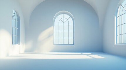 Wall Mural - Abstract white studio background for product presentation Empty room with shadows of arch window 3d room with copy space Summer concert Blurred backdrop : Generative AI