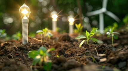 Poster - A collection of small light bulbs sits atop a mound of dirt, perfect for use in illustrations or designs requiring a unique industrial or rustic theme