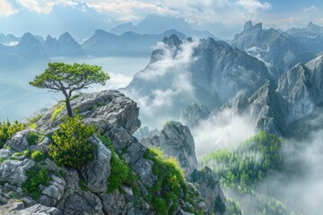 Wall Mural - A single tree stands tall on the peak of a mountain, surrounded by rugged terrain