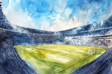 Wall Mural - A watercolor illustration of a soccer field with lush green grass and white goalposts