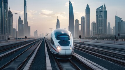 Aufkleber - A high-speed train moving through the urban landscape, great for urban scenes or transportation concepts