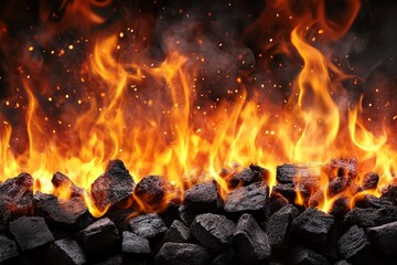 Charcoal For Barbecue Background With Flames, ai