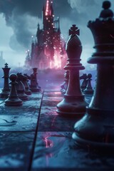 Poster - A chess board with a medieval castle as a backdrop, ideal for depicting strategy and competition