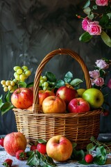 Wall Mural - A colorful arrangement of various fruits in a woven basket, perfect for still life photography or advertising healthy eating