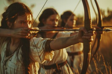 Poster - Group of women hunting or practicing archery in a green field