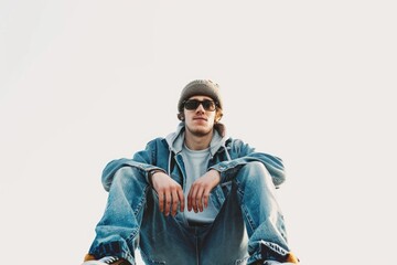 Canvas Print - A person sitting on the roof with a skateboard