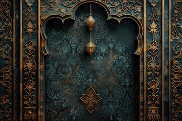 Wall Mural - A decorative wall featuring a clock and blue and gold colors