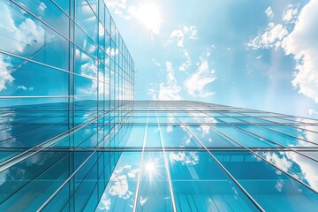 Poster - A tall glass building against a bright blue sky