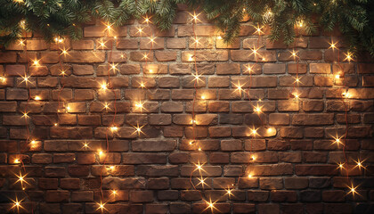 christmas lights in a garland on a brick wall