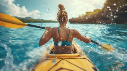 Poster - A person is paddling a bright yellow kayak on calm water, wearing a bikini