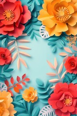Poster - Colorful paper flowers arranged in a circular shape on a blue background, perfect for decorative or editorial use