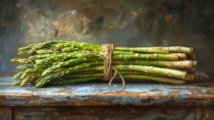 A bundle of fresh green asparagus tied with twine, resting on a rustic wooden table.