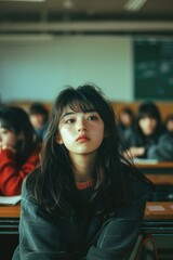 Aufkleber - A woman sits at the front of a crowded classroom, surrounded by students