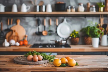 Modern kitchen with lemons, eggs, and fresh herbs on wooden countertop.