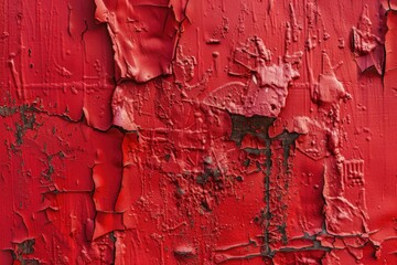 Poster - A detailed view of old, worn-out paint flakes falling off a bright red wall, perfect for use in backgrounds, textures, or as a symbol of decay,