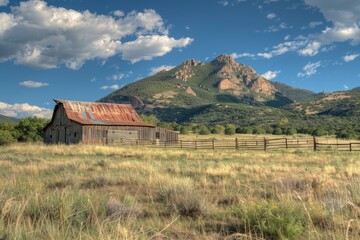 Poster - A rustic barn in a green field with a mountain range in the distance