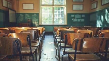 Poster - Rows of wooden chairs in a traditional classroom setting with a window providing natural light