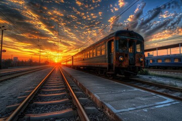 Poster - Train travels along tracks at sunset with a warm glow