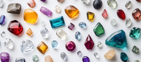 Colorful gemstones of various shapes and sizes scattered on white background