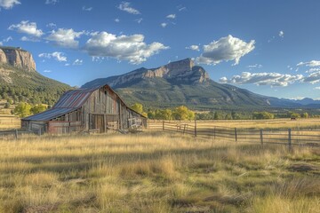 Poster - A rustic barn stands in a green field, with mountains rising up in the distance