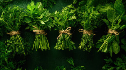 A bunch of green herbs are tied together