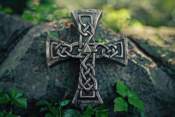 Wall Mural - A Celtic cross sits atop a natural rock formation, symbolizing faith and heritage