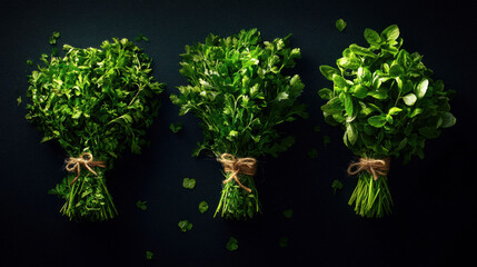 Canvas Print - Three bunches of green herbs are tied together with string