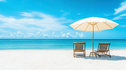 Poster - White sandy beach with two wooden lounge chairs under a large umbrella, clear blue sky and calm turquoise sea creating a serene vacation atmosphere.