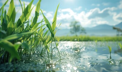 The natural view of the river with clear sky and rice plants beautifies nature Generate AI