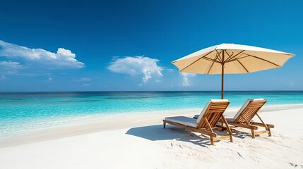 White sandy beach with two wooden lounge chairs under a large umbrella, clear blue sky and calm turquoise sea creating a serene vacation atmosphere.