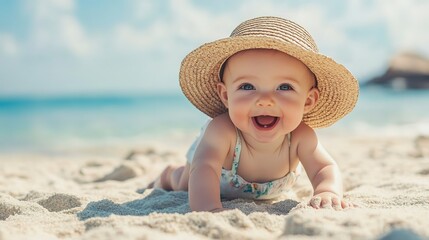 Wall Mural - Happy baby in a straw hat crawling on the beach. Banner with copy space. Concept of family vacation, summer fun