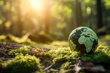 Earth Day - Environment - Green Globe In Forest With Moss And Defocused Abstract Sunlight , ai