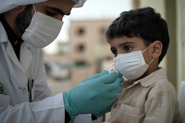 Doctor administering medicine to a child wearing a face mask