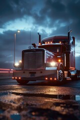 Aufkleber - A semi truck drives down a wet road at night, its headlights illuminating the dark surroundings