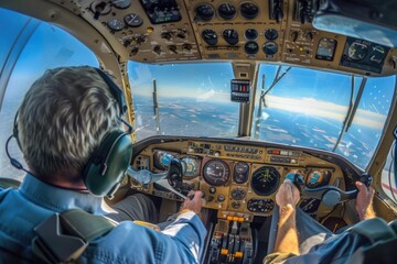 Poster - A person sitting at the controls of an airplane, likely preparing for flight