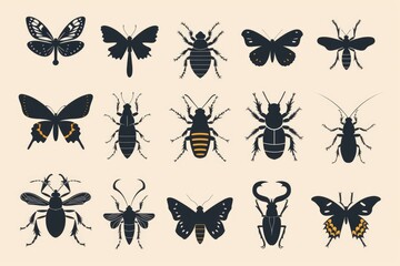 Poster - Macro photo of various insects and bugs on a neutral background, suitable for educational or scientific purposes