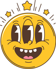 Wall Mural - Cartoon retro groovy hippie smile character and emoji symbol. Isolated vector yellow face emoticon, exuding joy with its wide, open three eyes and big, happy smile, surrounded by sparkling stars