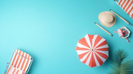 Poster - Top view Beach umbrella with chairs and beach accessories on blue background, summer vacation concept