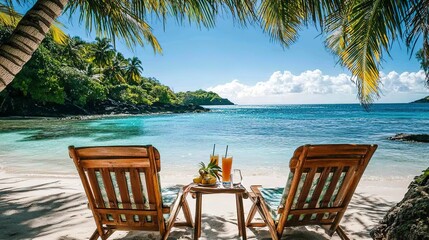 Poster - A couple of beach chairs with tropical cocktails on a small table between them, overlooking a crystal-clear sea, palm trees 