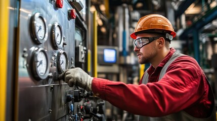 Technician adjusting controls on a large industrial machine in a manufacturing plant