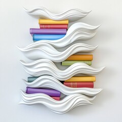 Wall Mural - A white shelf with books stacked on it in a wavy pattern, AI