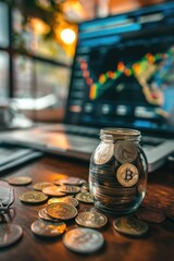 Poster - A glass jar filled with coins sits next to a laptop, perfect for a financial or entrepreneurial concept