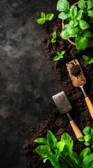 Sticker - A black background with a few plants and a shovel and a trowel