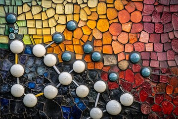 Poster - A vibrant mosaic illustrating molecular structures captures attention on a textured wall. Generative AI