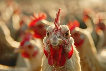 Poster - A close-up shot of a group of chickens gathered near each other, possibly for social interaction or protection