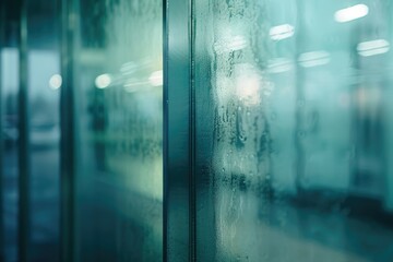 Poster - A close-up view of a glass wall covered in rain, great for use in weather-related or architectural images